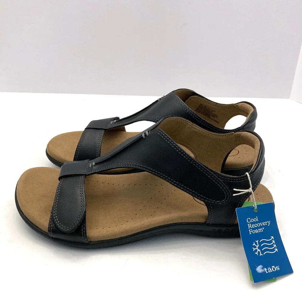 Taos The Show Sandals Black Leather T-Strap Womens 7 Padded Hook & Loop Open Toe